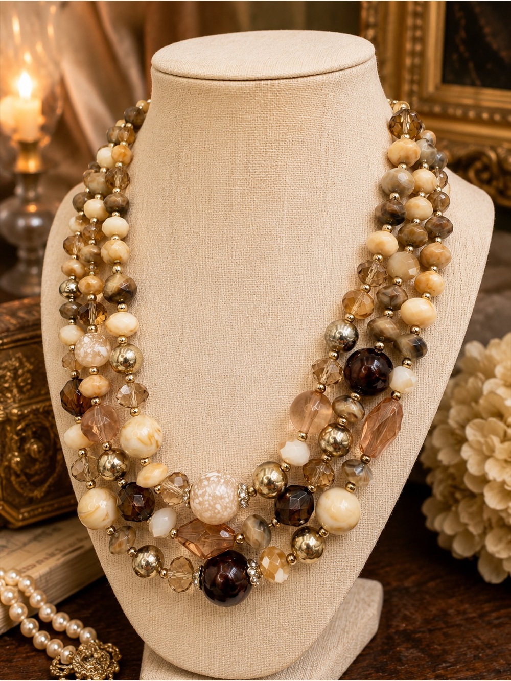 Vintage Triple Strand Glass Crystal Lucite Statement Necklace Neutral Tones 121g